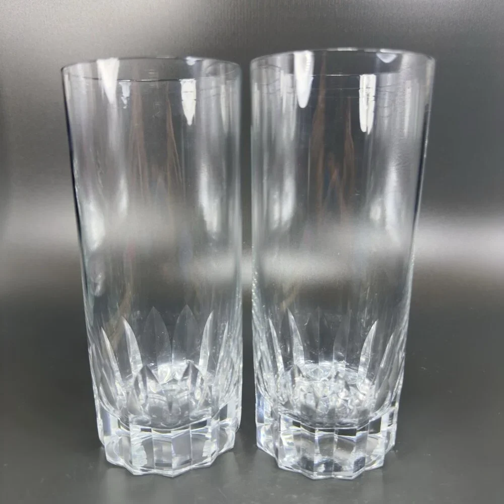 Vintage French Tall Tumblers Cups Barware Set 2 Glasses Cut Bottom Design VTG‎